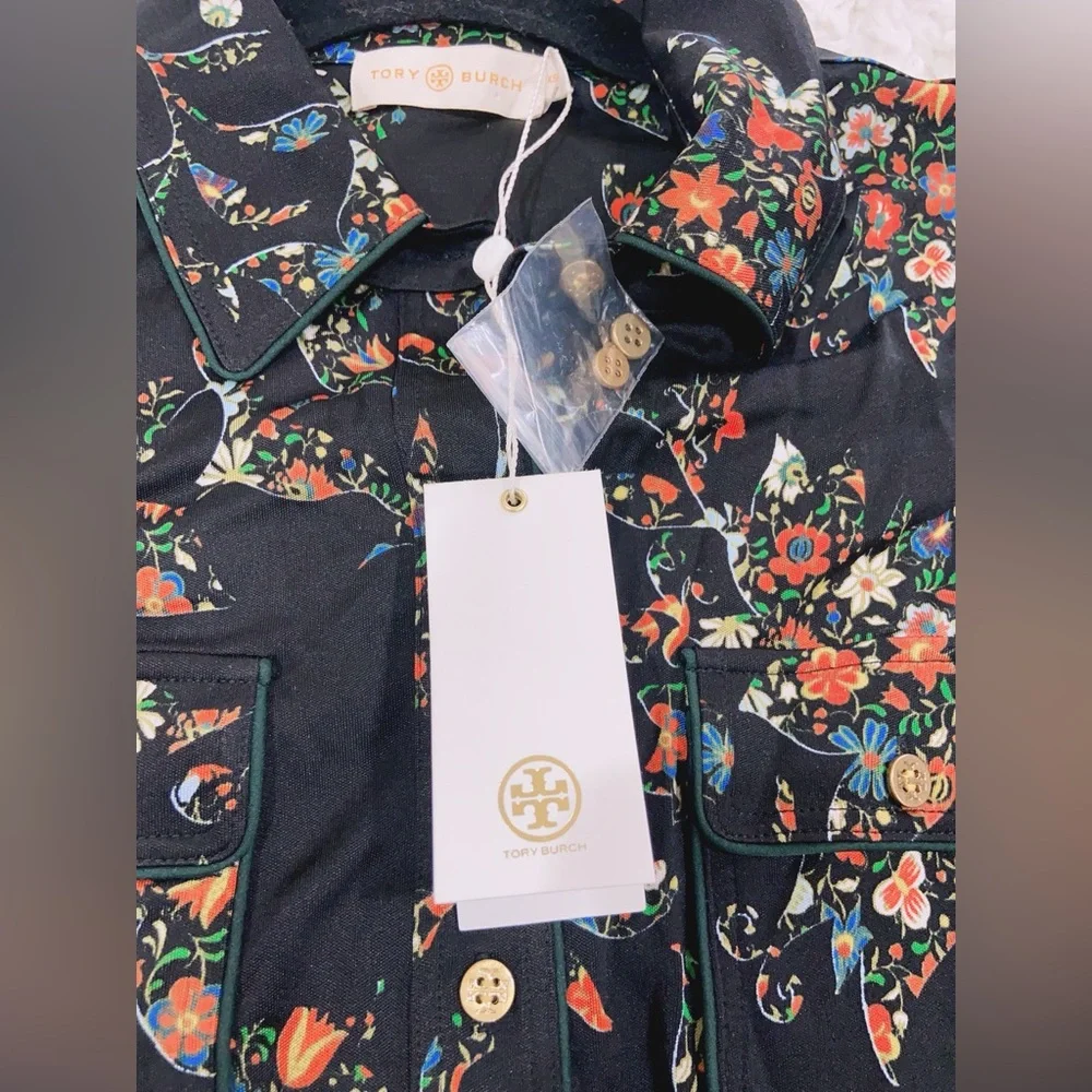 NWT $498 Tory Burch Printed Jersey Shirtdress In Black Sacred Floral